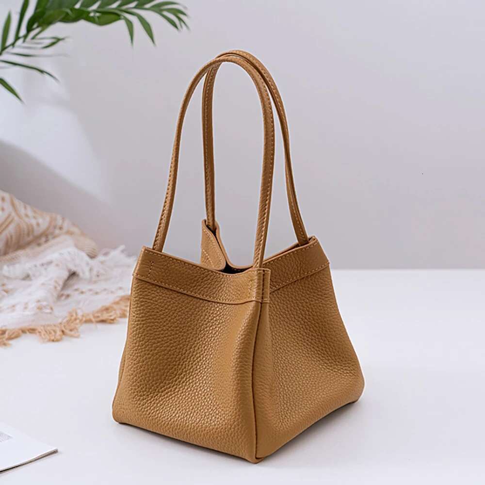 Genuine Leather Women Shoulder Color Fashion Female Square Bucket Purse Solid Versatile Top Handle Underarm Cowhide Tote Bag