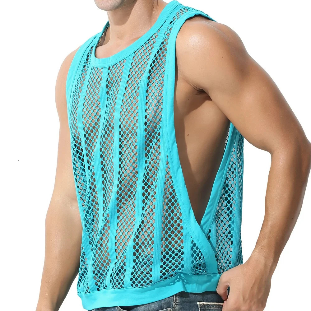 Elastic plus mesh top mens casual hollow sexy vest street clothing mens muscle tank top gym clothing 250403
