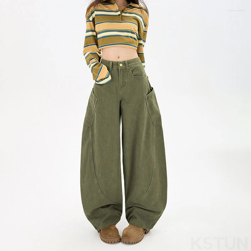 Women's Jeans KSTUN Baggy Green Women Wide Leg Curved Pants Loose Fit Cotton Trousers Vintage Threedimensional Large Pockets Trendy Z260313
