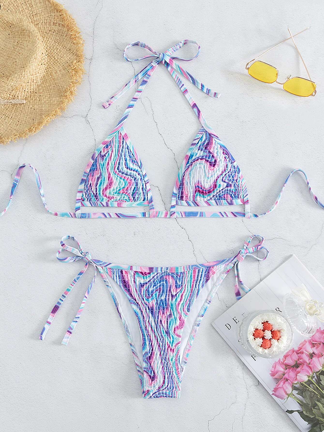 Dongdumaoyi Sexy Pleate Gradient Micro Bikini Set Women Halter Cut Out Push Up Bra Tie Side Thong Swimwear Beach Bathing Suit Swimsuit