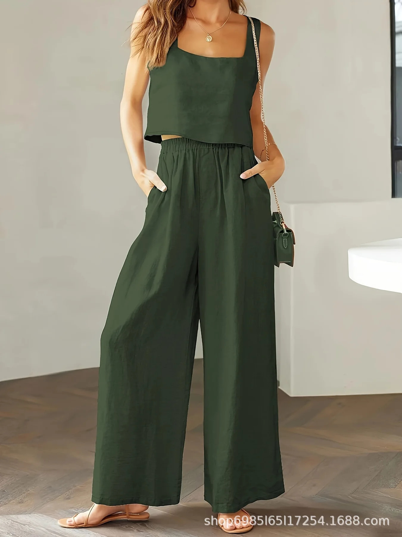 Womens summer 2-piece set sleeveless vest wide leg pants linen jumpsuit lounge matching beach set 250401