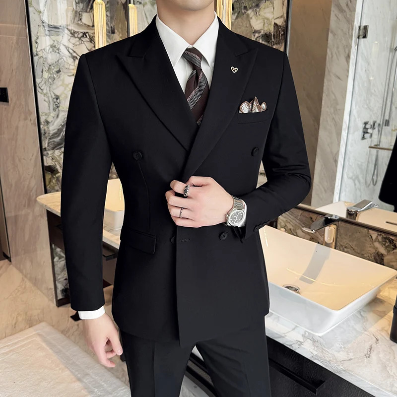 Brown Double breasted Mens Casual Set Three piece Wedding Dress Suitable for Groom and Special Occasions 250402