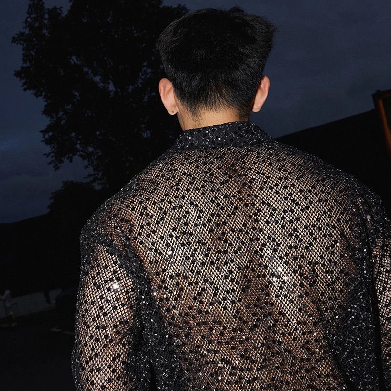 FEWQ American Niche Shiny Silver Sequins Hollowed Out Long Sleeved Shirt Solid Color Male Tops Fashion 24E1715 250407