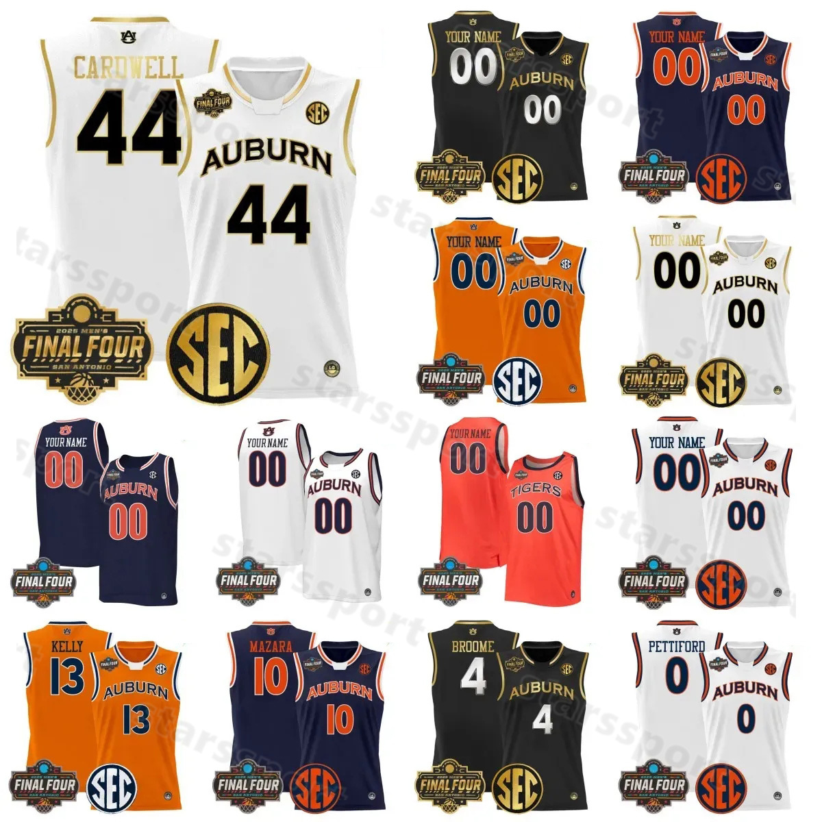 2025 Final Four Auburn College Tigers Basketball Jerseys 4 Johni Broome 10 Chad Baker-Mazara 13 Miles Kelly Charles 34 Barkley 0 Tahaad Pettiford 44 DYLAN CARDWELL
