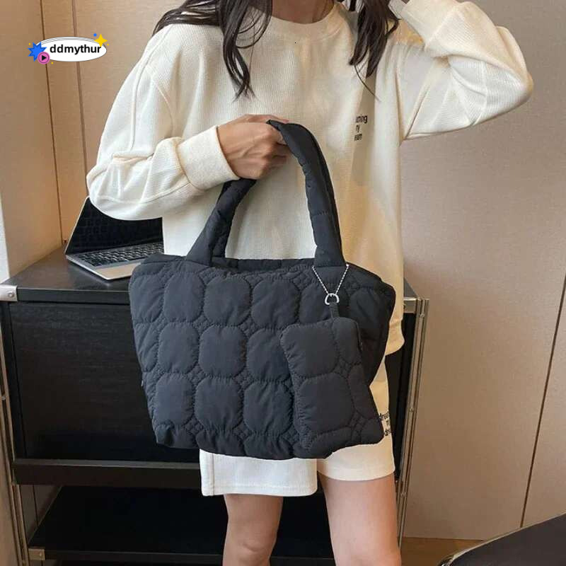 Fashion Quilted Embroidery Thread Handbag Lightweight Puffy Top-Handle Large Capacity Ladies Small Totes Bag with Mini Purse ddmythur