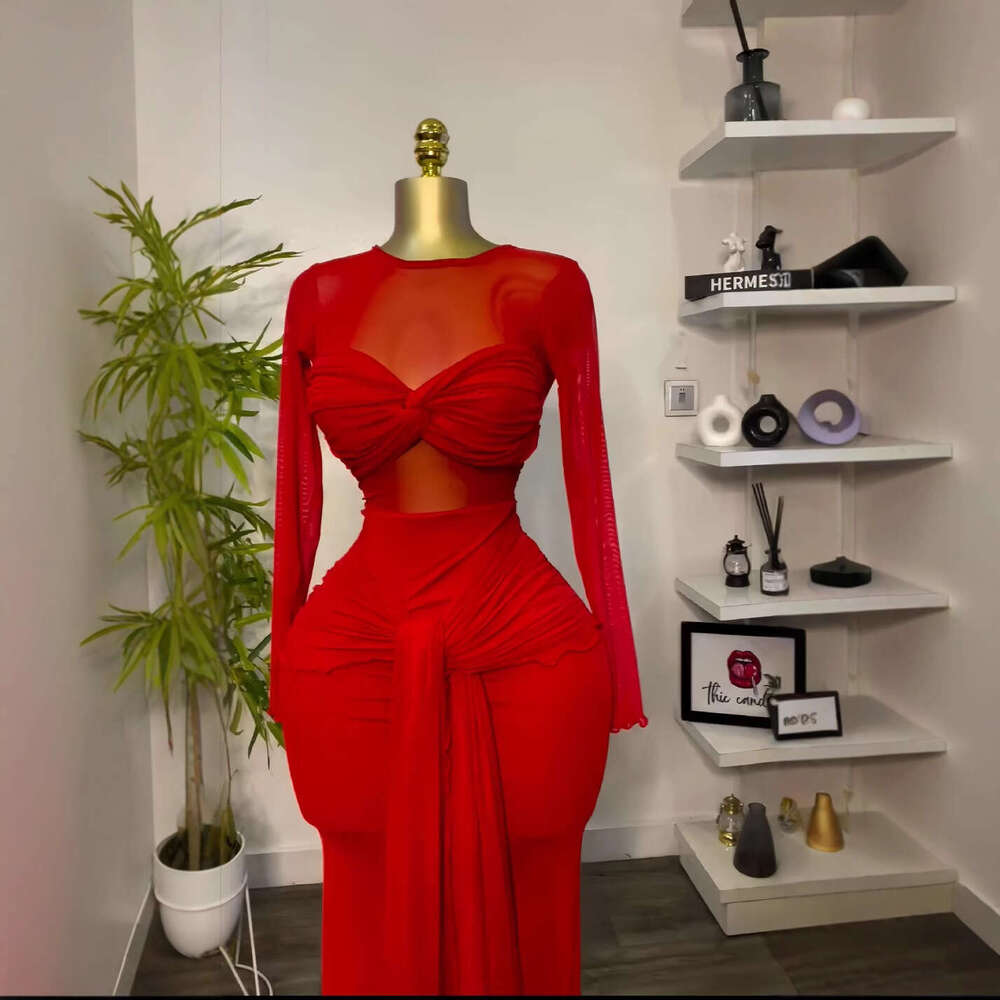 2025 Early Spring New Solid Color Sleeve Round Neck Bodycon Elegant Long Dress for Women