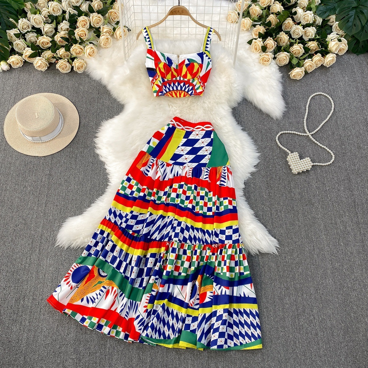 Two Piece Dress Summer Boho Beach Holiday Two Piece Set Women Skirt Suit Sexy Strapless Crop Top And High Waist Pleated Long Skirt Outfits 230801