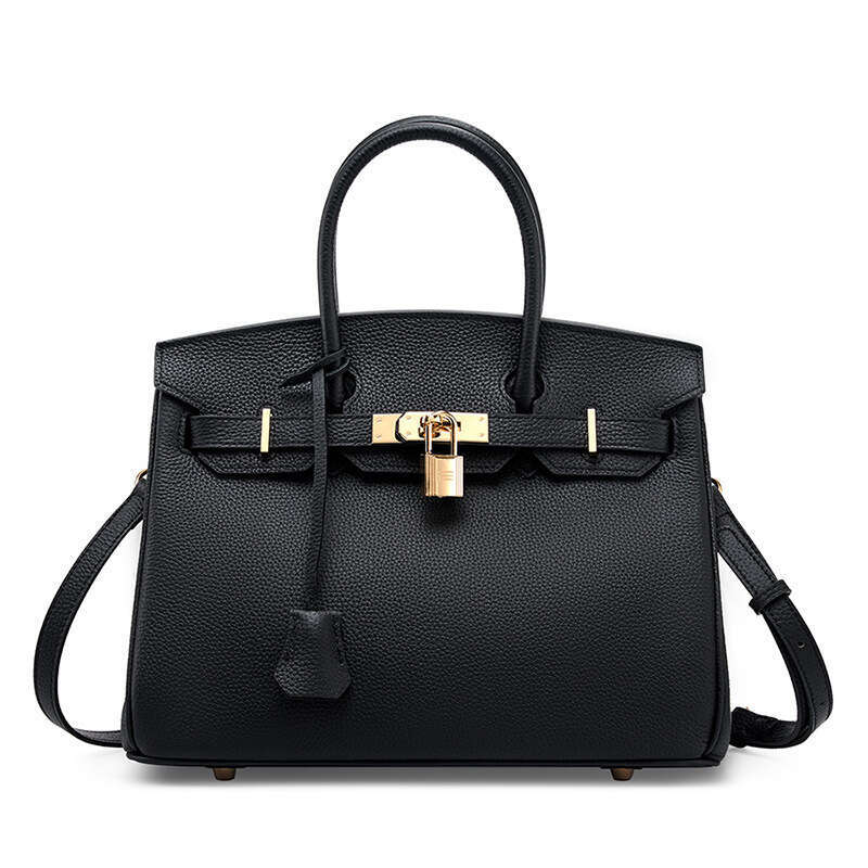 Large lychee patterned platinum wrapped cowhide large capacity Kelly handbag, women's trend, 2025 new style, chic and elegant clothing