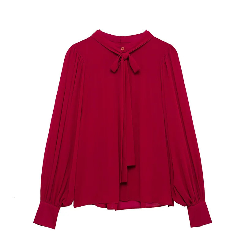 Willshela womens fashionable red bow lace pleated single chest shirt retro Oneck long sleeved 250407