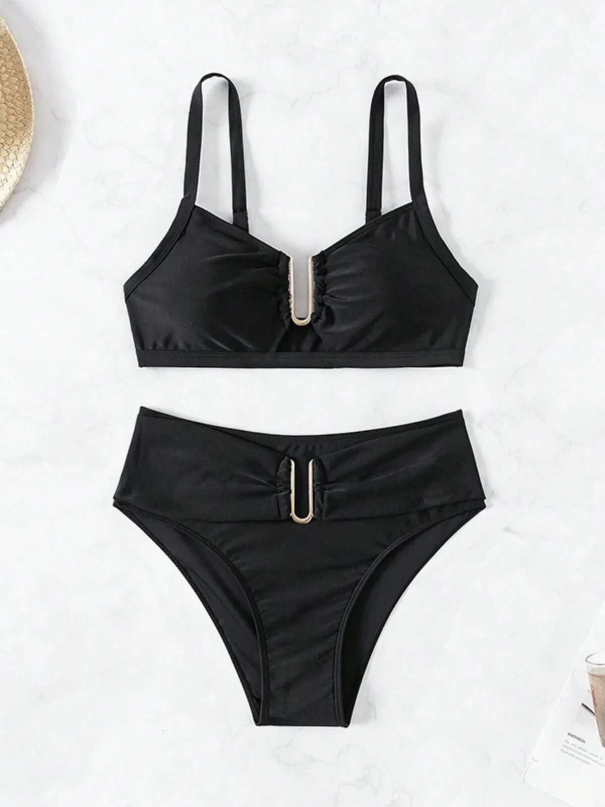 Dongdumaoyi Solid Color High Waist Two Piece Swimsuit For Women U Neck Suspender Backless Bikini Set Beach Vacation Bathing Suit New