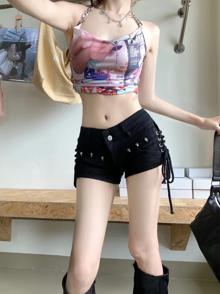 American Retro Black Sexy Skull Mini Jean Shorts Women Y2k Summer Low Wasit Micro Short Jeans Woman with Bandage Korean Fashion 250407