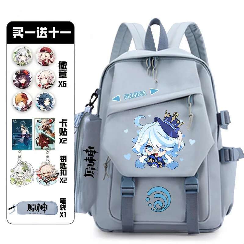 Anime Genshin Impact Funina Water Badge Backpack With Pencil Students Book School Bag Kawaii Girls Boys Laptop Fashion Bags