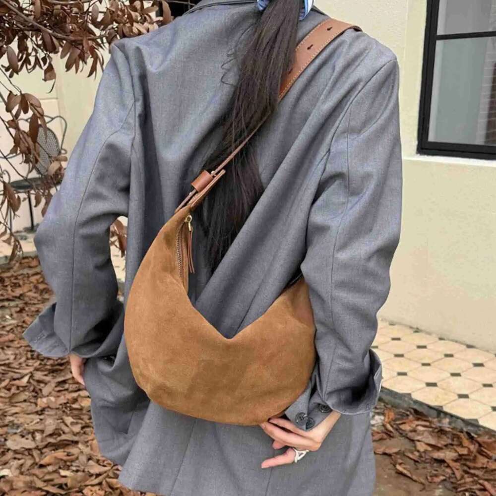 New Autumn Winter Frosted Cowhide Hobo Tote Adjustable Handle Camel Coffee Color Genuine Suede Leather Women Armpit Shoulder Bag