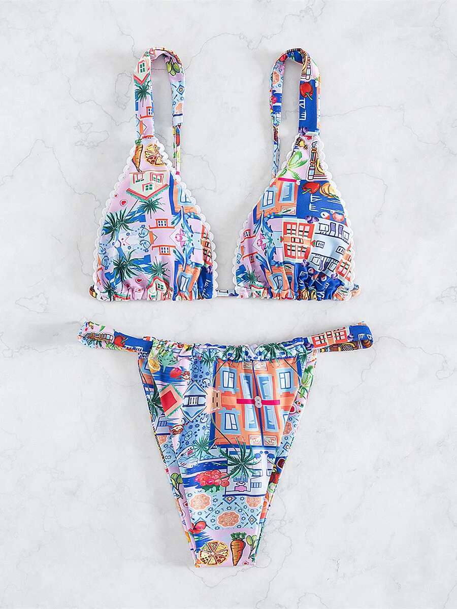 Dongdumaoyi Sexy Abstract Print Bikini Mujer Women Swimsuit Push Up Bra Micro Brazilian Cut Out Bathing Suit Thong Swimwear