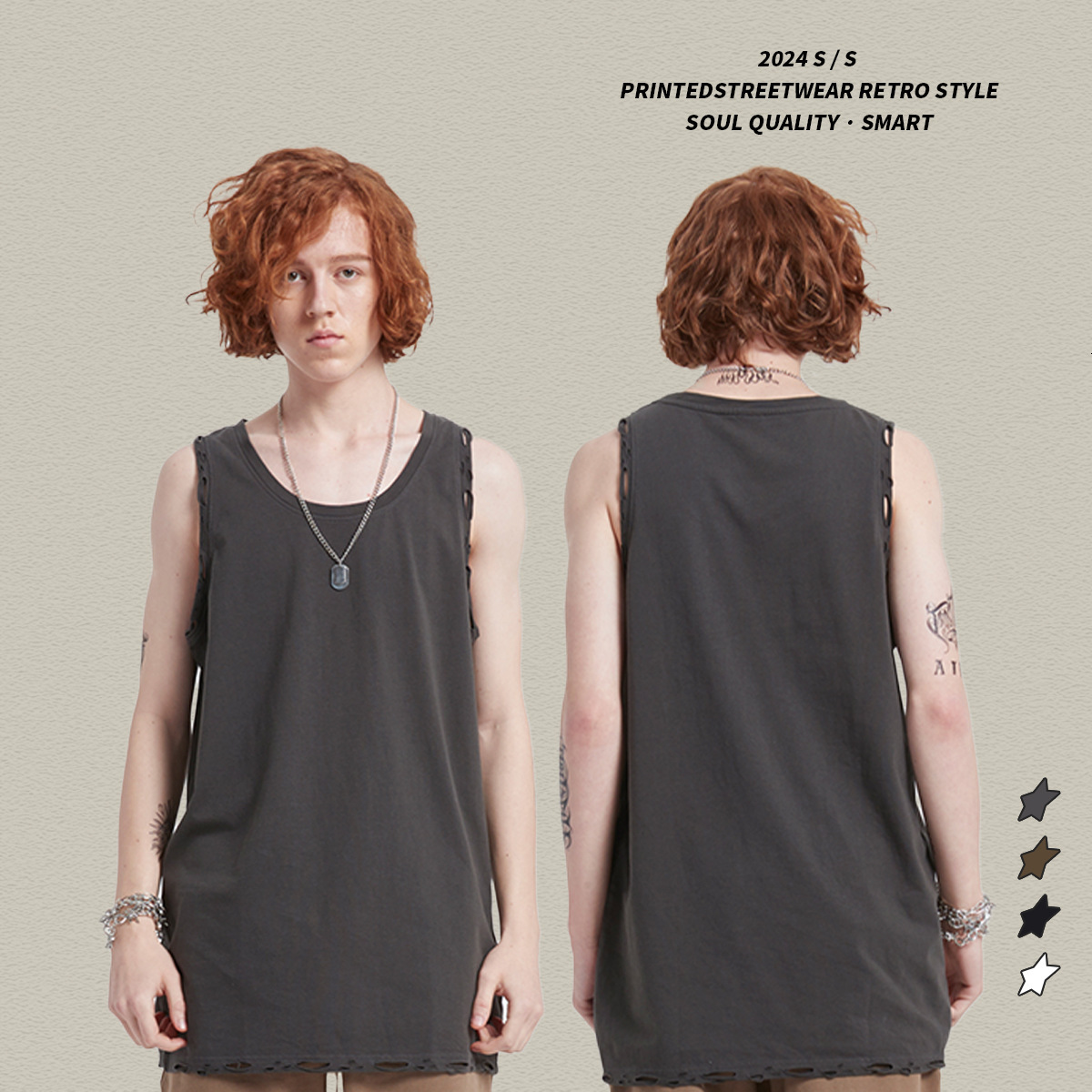2025 Summer New Product: Washed Water Piercing Camback Top, American Trendy Brand Loose Sleeveless Solid Color Men's Tank Top