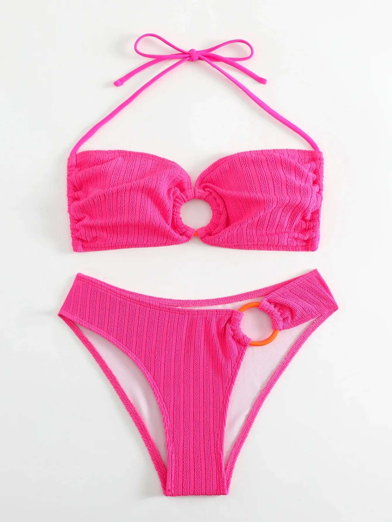 Dongdumaoyi Sexy Ring Linked Bikini Solid Hot Pink Bandeau Push Up Hollow Out High Waist Swimsuit Women Summer Bathing Suit Swimwear
