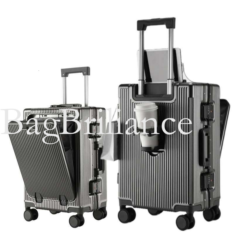 Aluminum Alloy Frame Suitcase Front Opening Pocket USB Charging Plug Rolg Lage Trolley Case Bag with Spinner Wheel