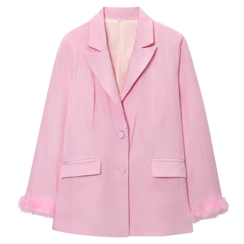 HXAO Pink Feather Blazer Woman Autumn Womens Suit Long Sleeve Fitted Jacket Office Wear Woman High Quality Womens Blazer 251104