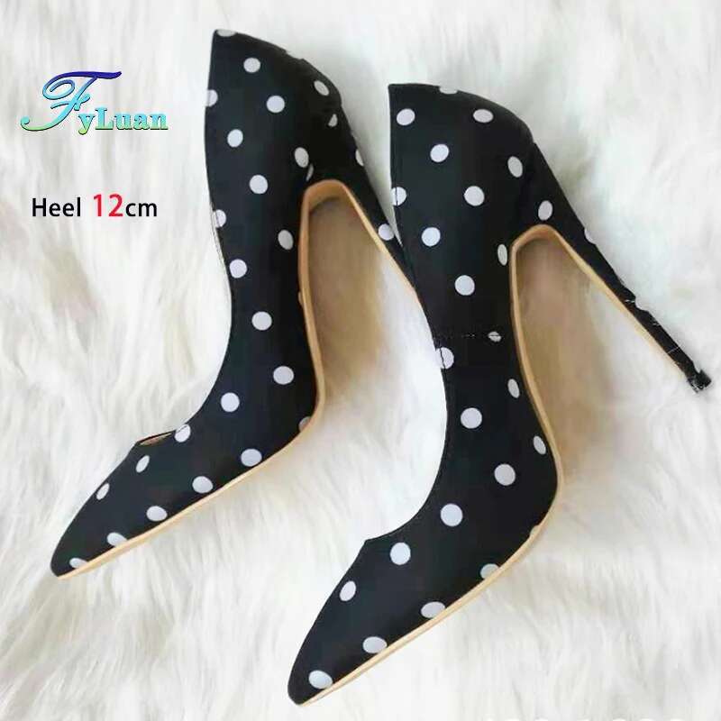 Silk High Heels 8Cm 10Cm 12Cm Stiletto Polka Dot Shallow Mouth Women Shoes Fashion Pointed Toe Party Pumps Female Large Size 43