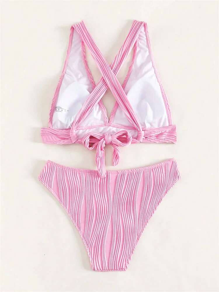 Dongdumaoyi Sexy Push Up Bikini Set Swimsuit Women S Pink Ribbed Pieces Swimwear V Neck Lace Beach Bathing Suit High Waist Bikinis