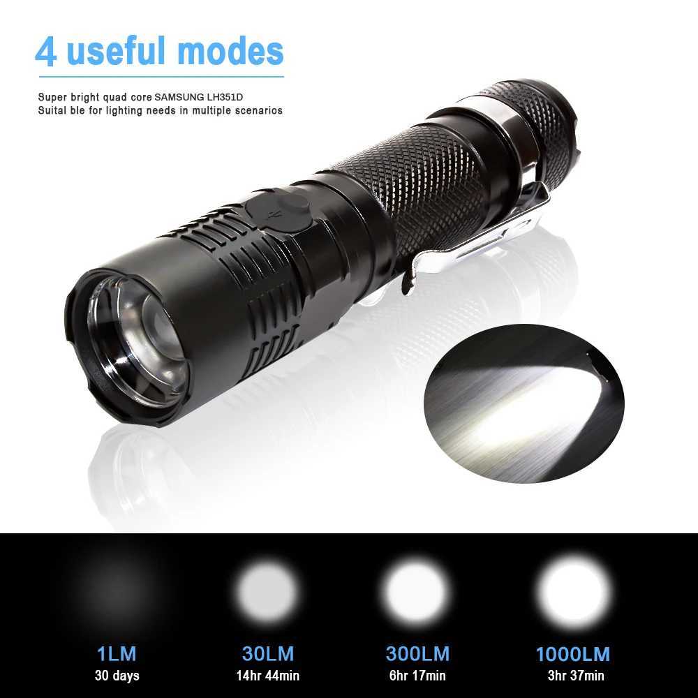 S11 Zoomable USB C Rechargeable 18650 LED Flashlight XPL 1200lm with Power Indicator and Magnet TailW251106