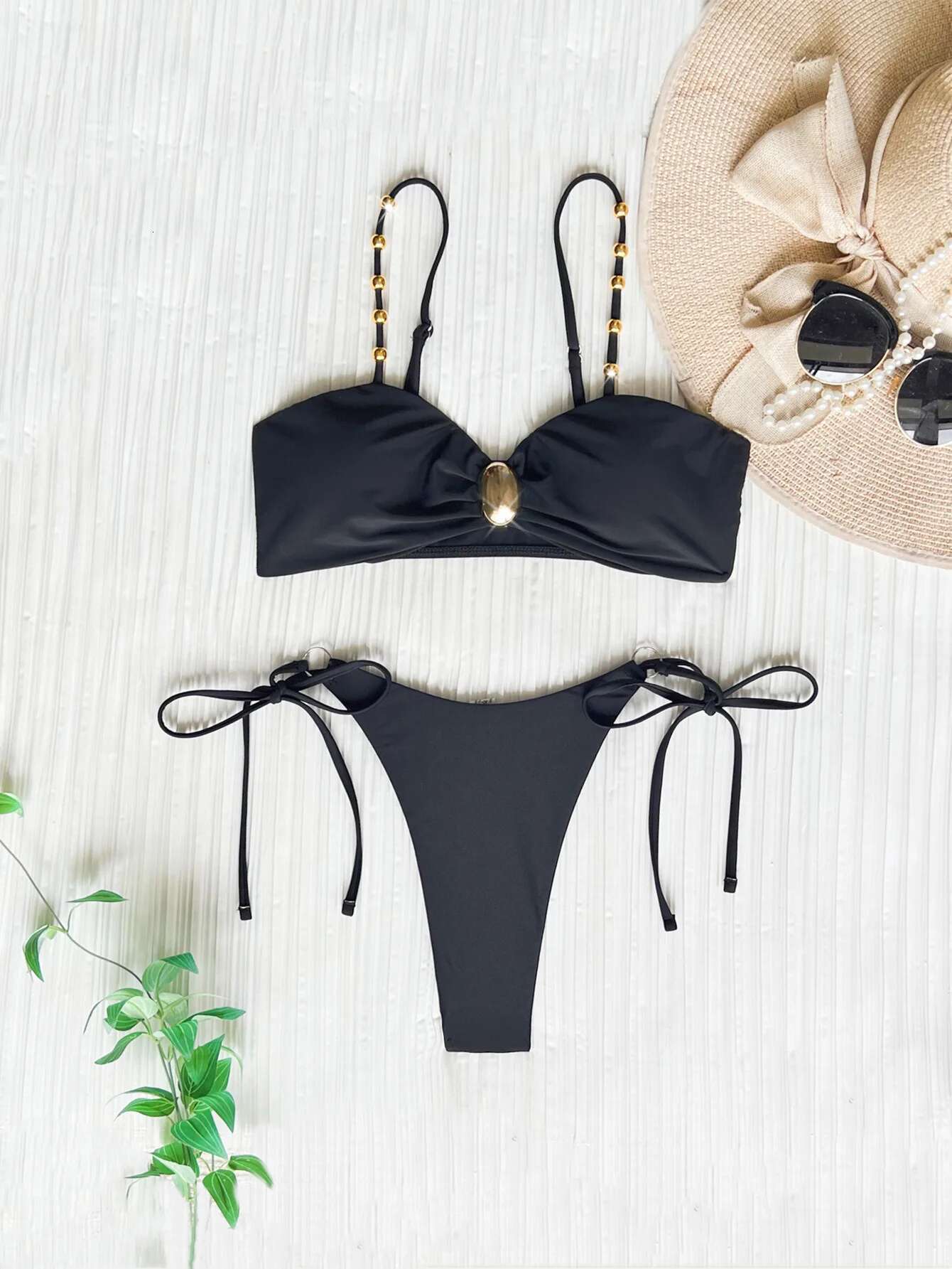 Dongdumaoyi Sexy Black Bikini Mujer Women Bead String Strap Metal Buckle Push Up Thong Swimsuit Brazilian Beach Bathing Suit Swimwear