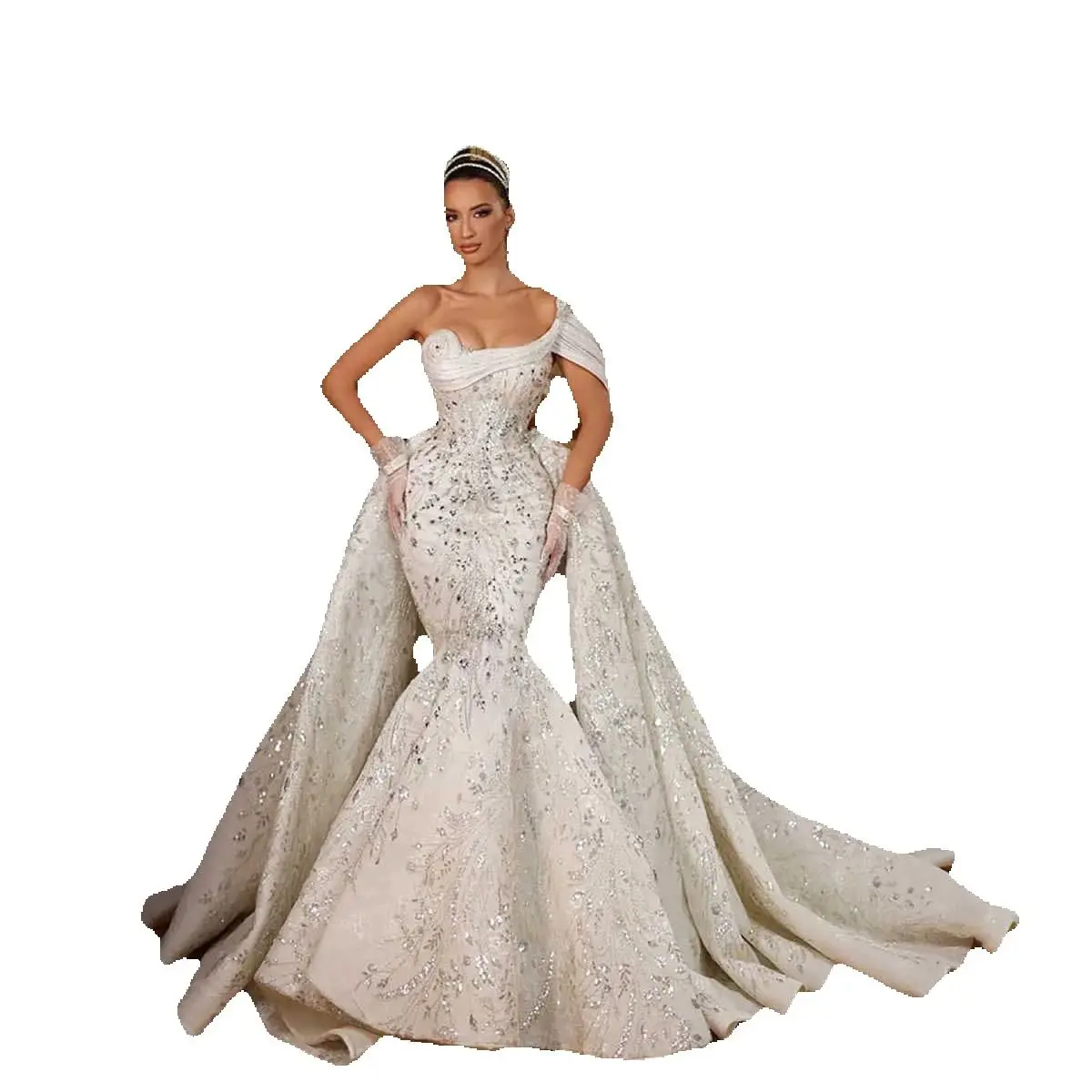 New Mermaid Wedding Dresses Elegant Ball Gown Bride Dress Crystal Lace Bridal Gown Detachable Train Robe De Vestido HOT SALE Customized Plue Size H254