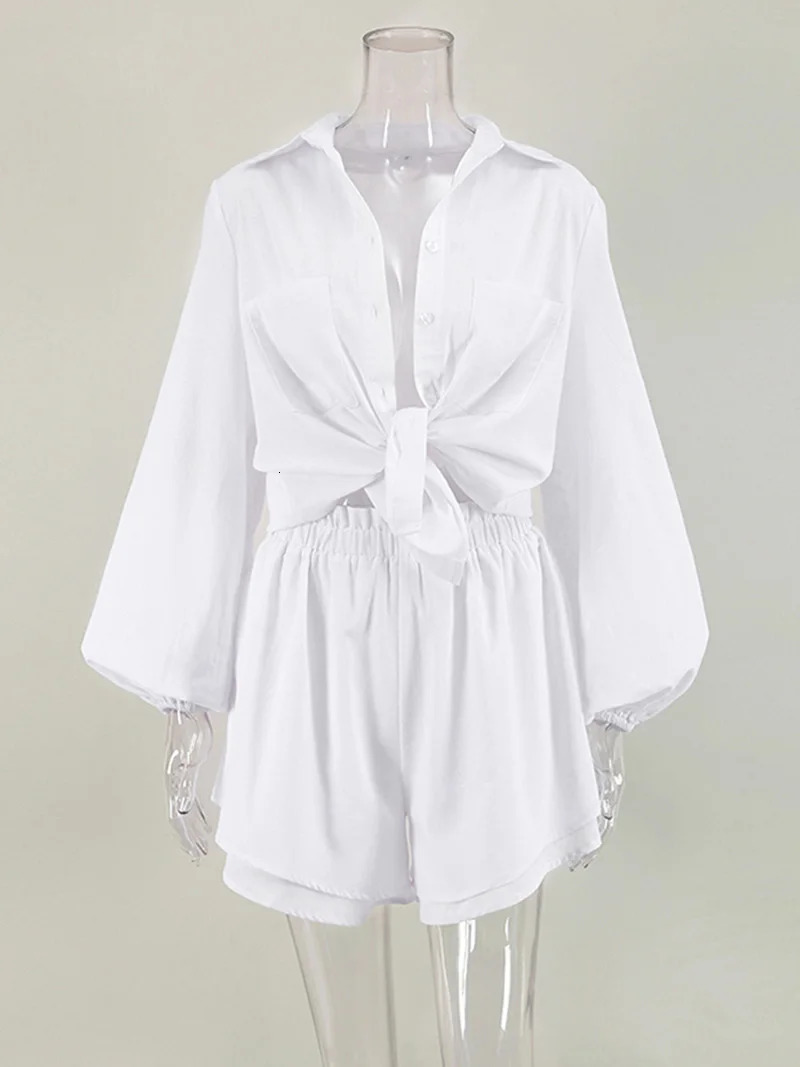Womens Spring and Summer Bohemian Shorts Set Pure White Loose Set Shirt Set 2-piece Set 250402