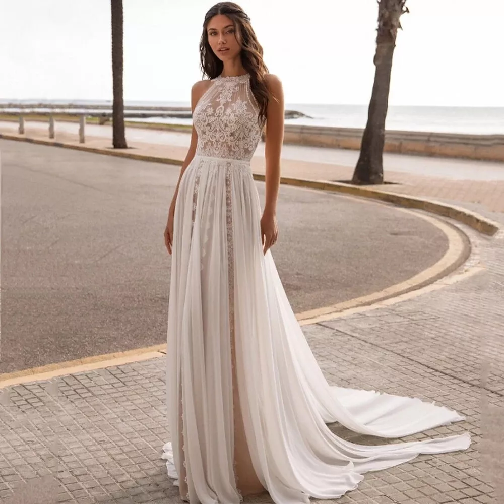 Sexy Illusion Backless Boho Beach Wedding Dress in Ivory Chiffon - Sleeveless Lace Applique A-Line Bridal Dress with Nude Liner