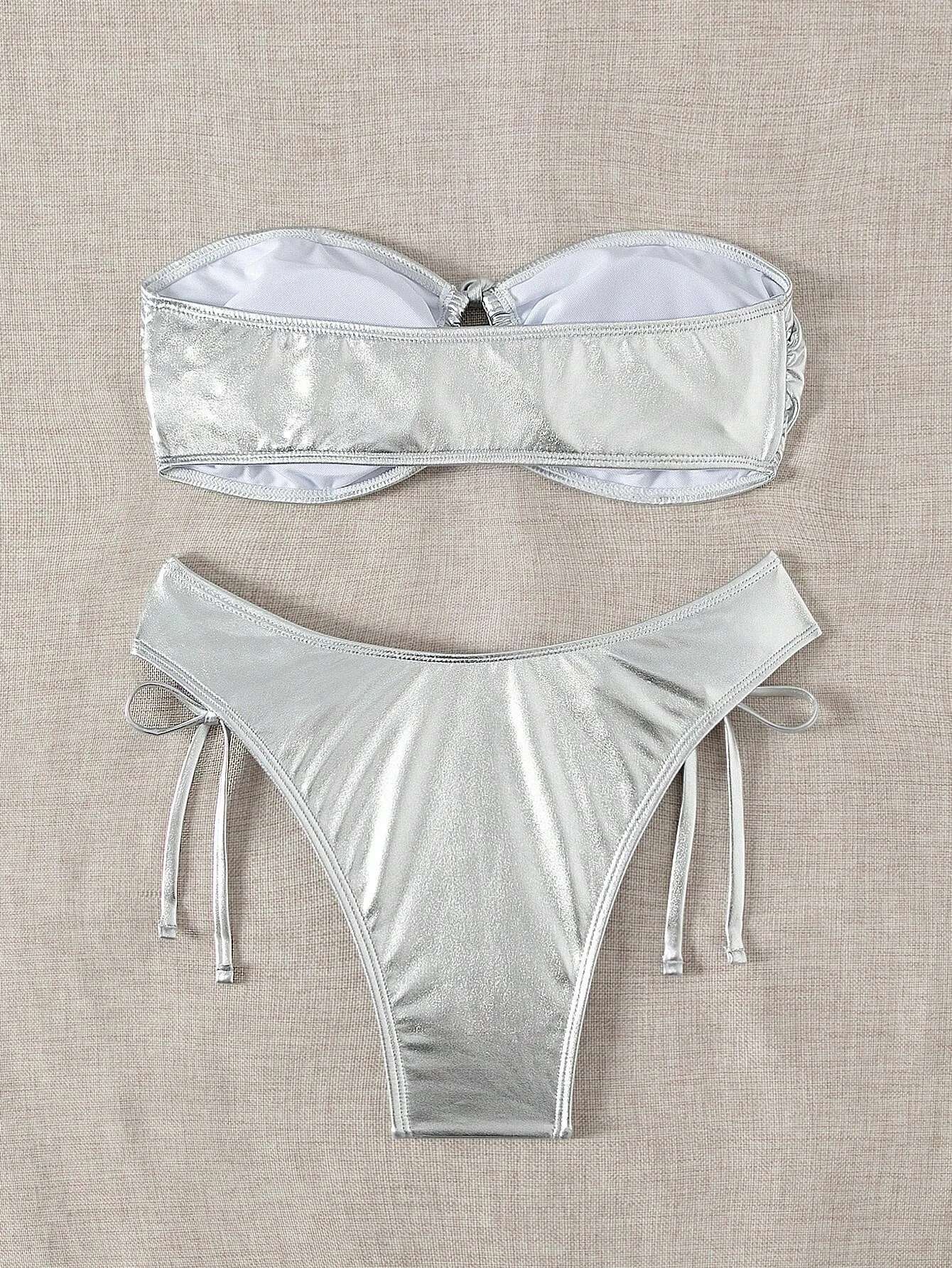 Dongdumaoyi Bikini Swimsuit Women Solid Silver Bandeau Cut Out Lace Up Micro Swimwear Summer Bathing Suit Pleate Thong Bikinis Sets