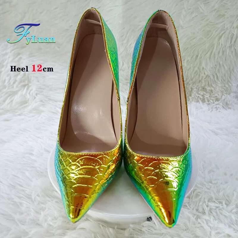 Fashion Pointed Women Thin High Heels Summer Snake Patted Single 6-12Cm Holographic Laser Party Shoes Elegant Female Pumps