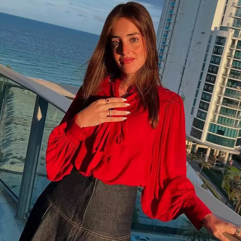 Red womens shirt bow elegant fashionable pleated long sleeved ruffled edge top office clothes springsummer 250407