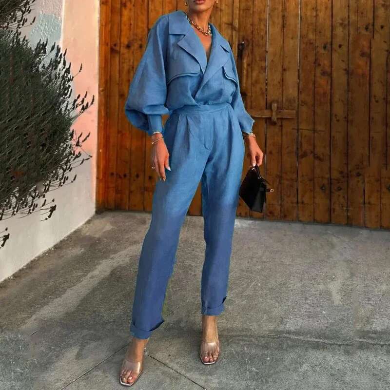 Women Two Piece Set Autumn Office Fashion Solid Lapel V Neck Long Lantern Sleeve Shirt Top Loose Pants Sets Streetwear