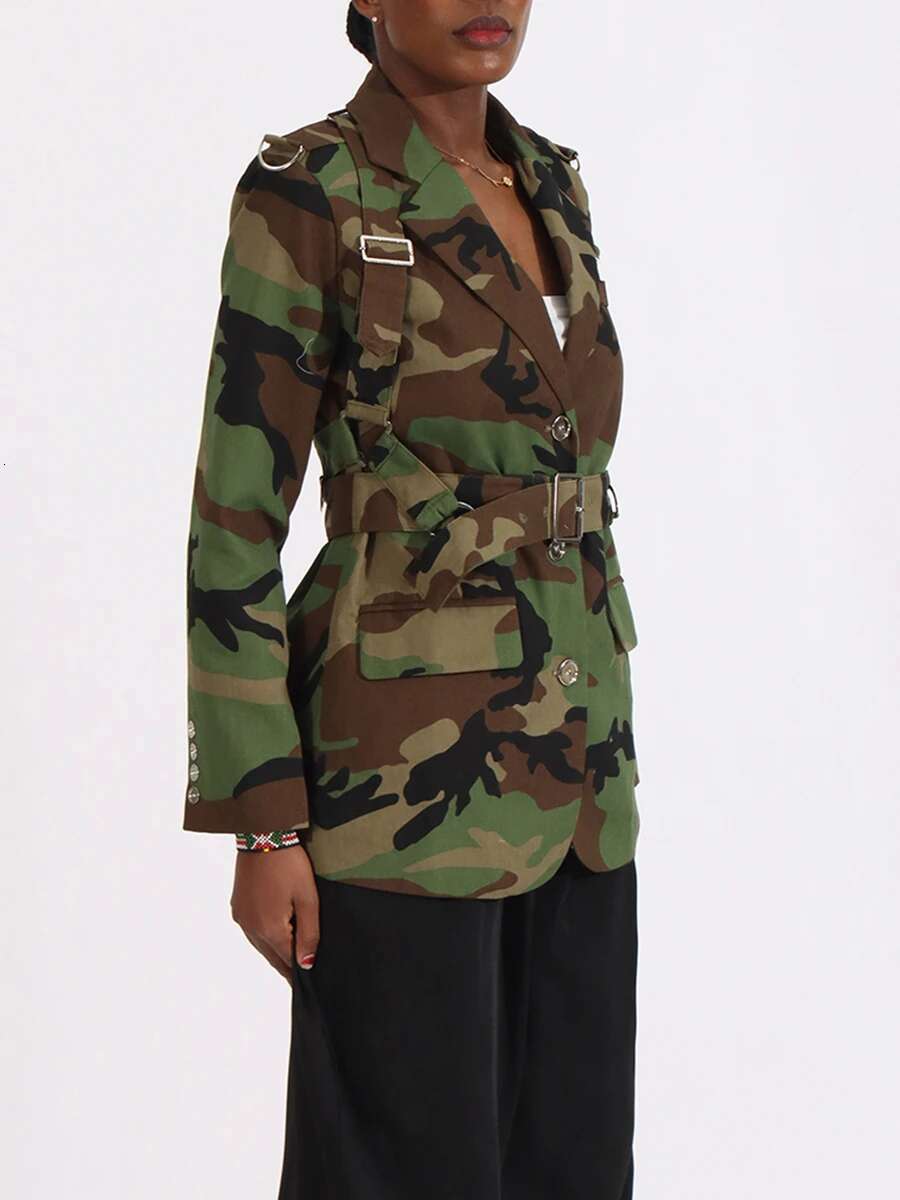 VGH Hit Color Camouflage Spliced Belt Jackets For Women Notched Collar Long Sleeve Patchwork Button Casual Coats Female Style