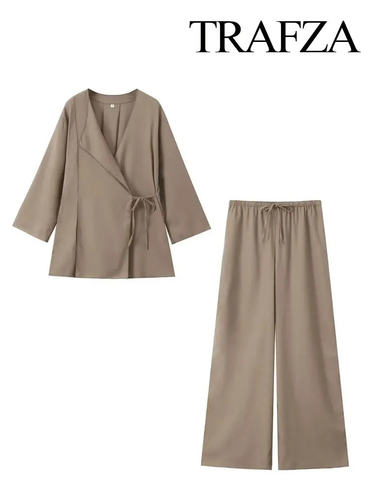 TRAFZA Spring Linen Womens Fashion Linen Brown Open Collar Kimono TopLace Casual Womens Wide Leg Pants 250401