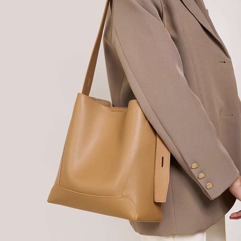 Ladies' Split Leather Bucket Female Commute Shopping Messenger Bags Adjustable Shoulder Strap Women Casual Handbag