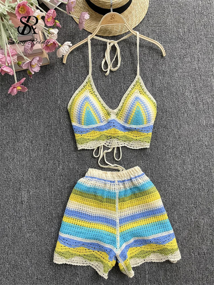 SINGREENY striped beach twopiece set for women strapless back mini Camiswing leg shorts fashionable Korean Bohemian vacation 250313