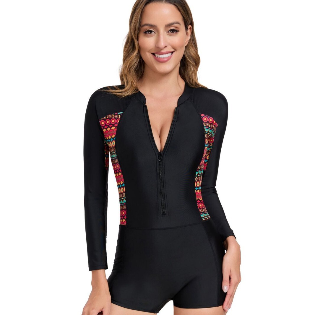 2025 printed patchwork multi-color zipper long sleeved one-piece flat angle racing swimsuit for women