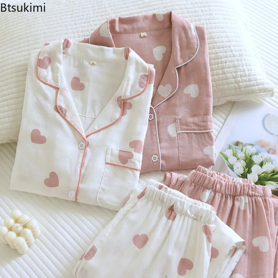 100% Cotton Gauze Pajamas for Women Love Heart Print Sweety Sleepwear Spring Autumn Nightwear 2 Piece Sets Women Loungewear 250402