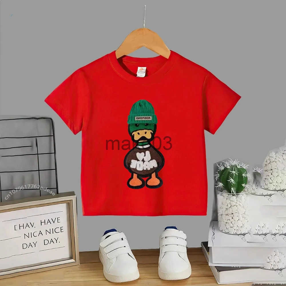 3-12-year-old and girls green hat duck T-shirt+shorts white short sleep childrens summer boys 2-piece casual set J250403