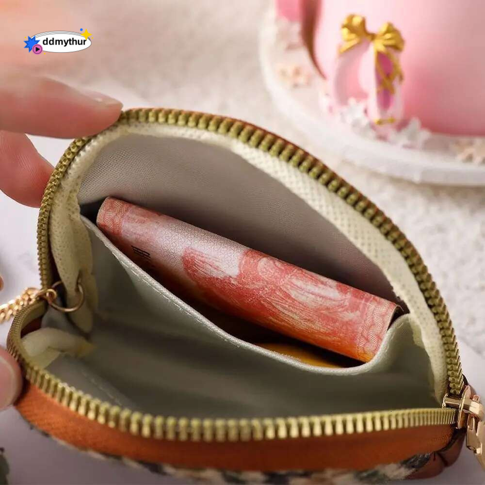 Women Coin Purse Houndstooth Fabric Embroidery Double Layers Zipper Bag Leather Card Holders Mini Key Wallet ddmythur