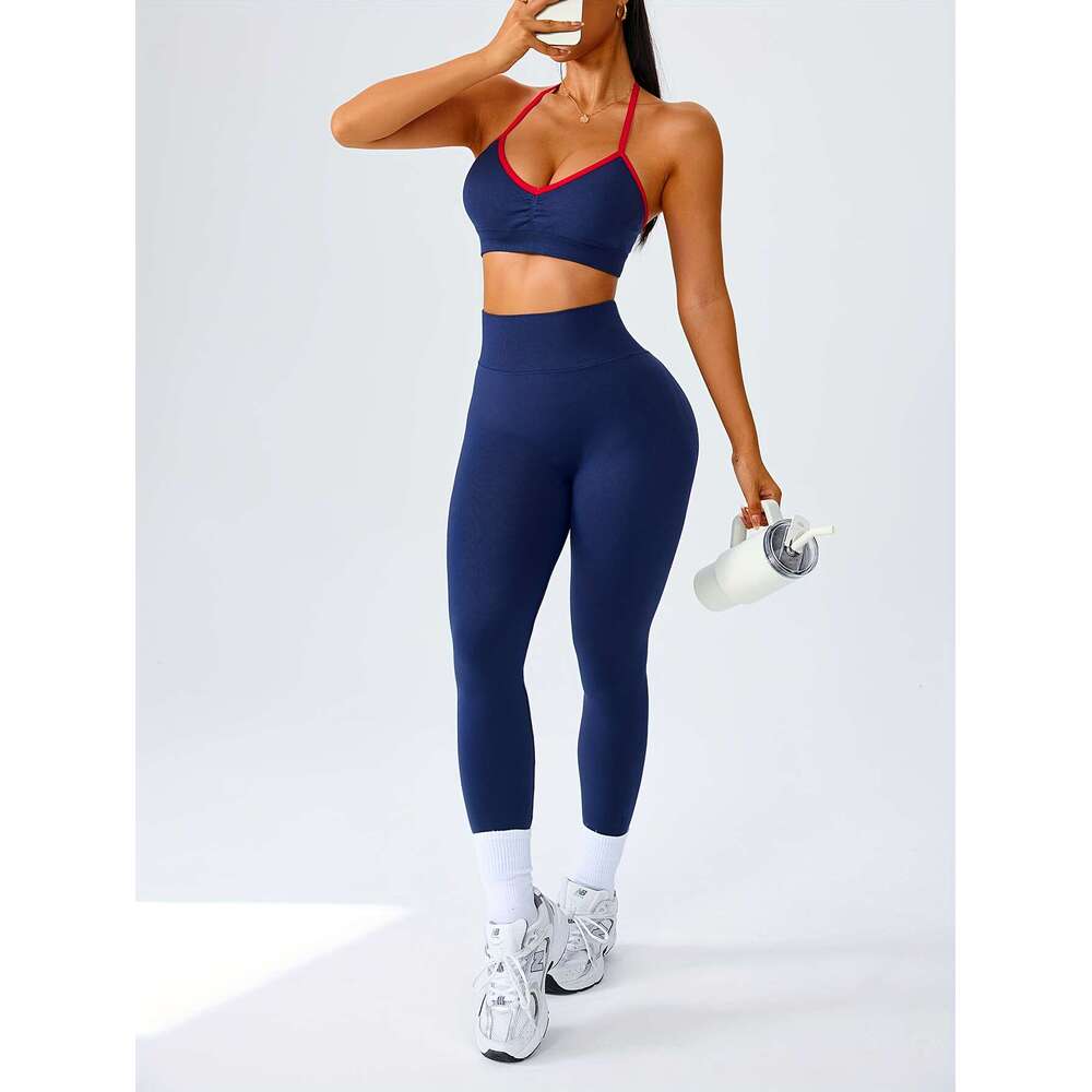 2Pcs Seamless Women's Sportswear Set, Contrast Color Halter Neck Detachable Padded Sports Bra And High-Waisted Butt Lifting Leggings - Soft & Com