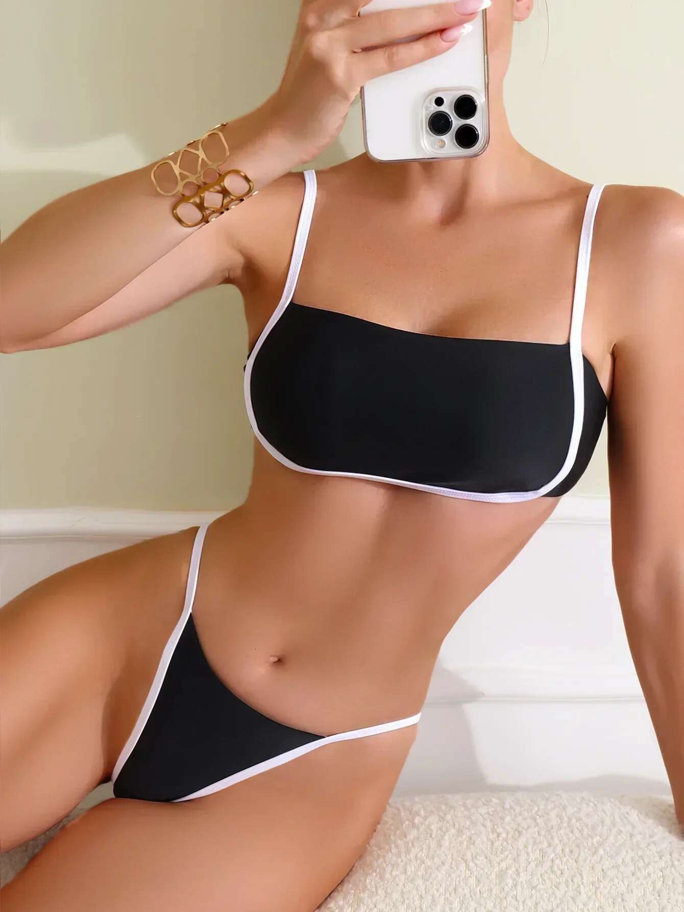Dongdumaoyi Sexy White Black Contrast Bikini Set Women Halter Push Up Micro Swimsuit Summer Cut Out Bathing Suit Thong Swimwear Biquini