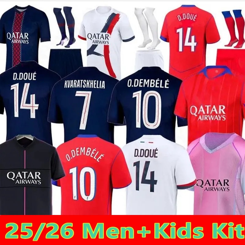 2025 2026 maillot de foot D.DOUE Kvaratskhelia soccer jerseys 4th JOAO NEVES HAKIMI football shirt 25 26 home BARCOLA Zaire-Emery O.Dembele PARIS Fourth PSGES Kits