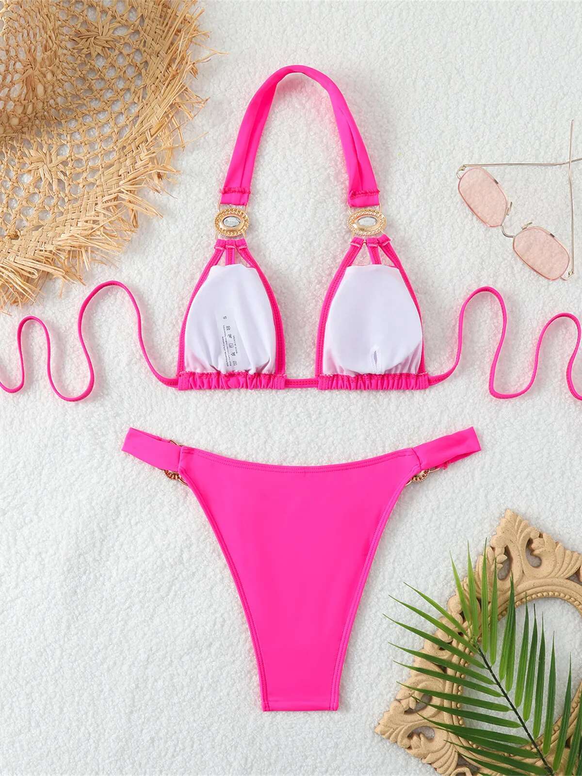 Dongdumaoyi Luxury Rhinestone Bikini Women Sexy Hot Pink Push Up Diamond Thong Swimsuit Brazilian Cut Out Bathing Suit Micro Swimwear