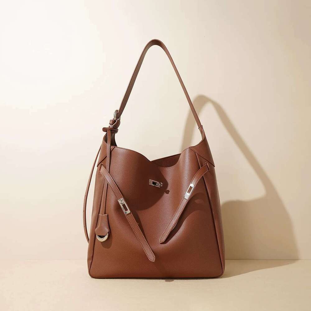 Popular Women Lady Ins Single Shoulder Bag Female Split Leather Belt Buckle Handbag Minimalist Armpit Bucket Tote New