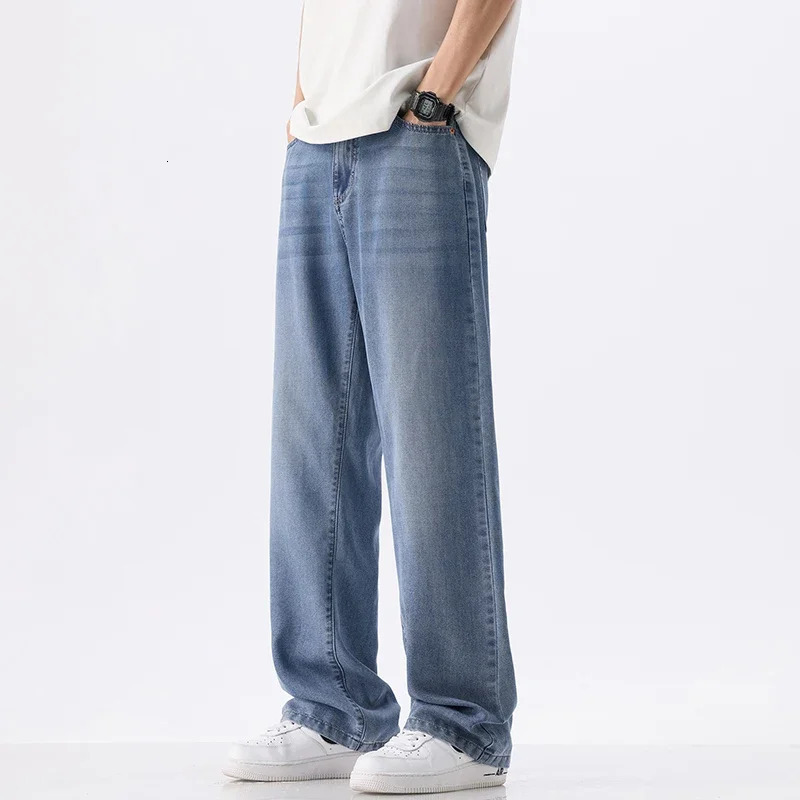 wrinkle resistant soft Lecalle mens jeans thin loose straight fashionable Korean comfortable loose and loose mens jeans 250403