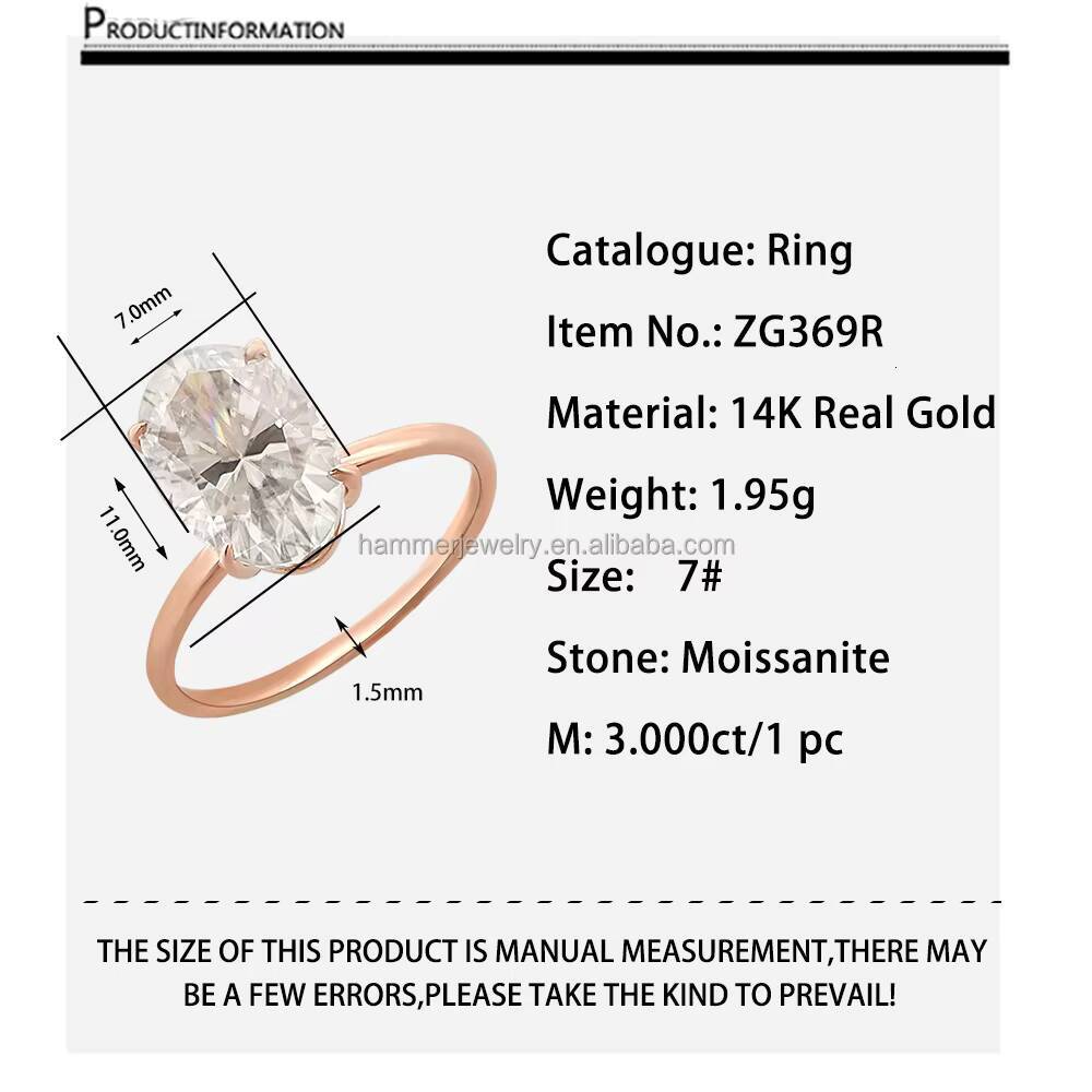 Hot Sale Engagement 14k Solid Gold 3CT Oval D/VVS Moissanite Diamond Rings Fine Jewelry Rings