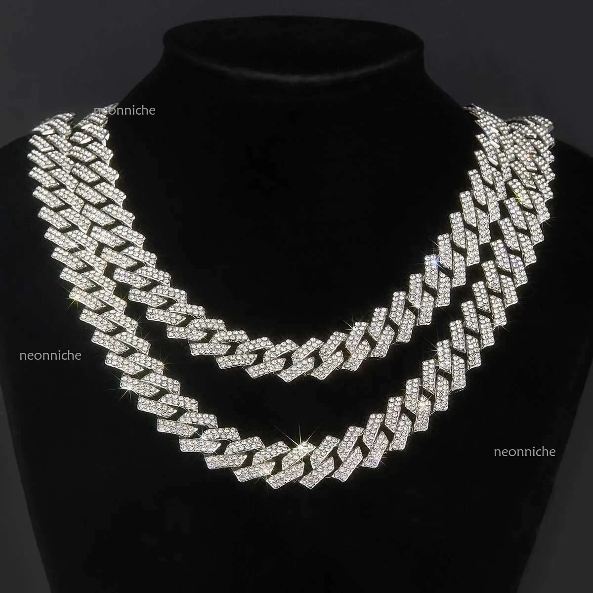 Mens 15MM Chain Iced Siery/Golden Miami Cuban Shiny Necklace Bracelet Hip Hop jewelryX240919