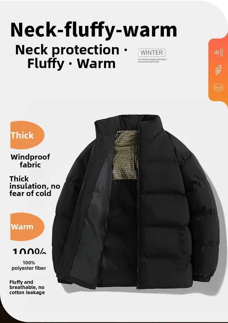 Mens Black Gold Bread Padded Jacket Stand Collar Cotton-Filled Clothing for Couples Womens Equivalent Direct PurchaseT251107
